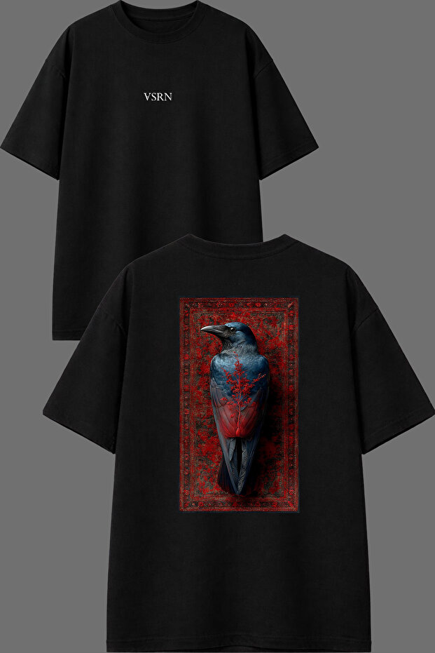 تي شيرت أسود كبير الحجم بتصميم Red Crow مطبوع من الأمام والخلف