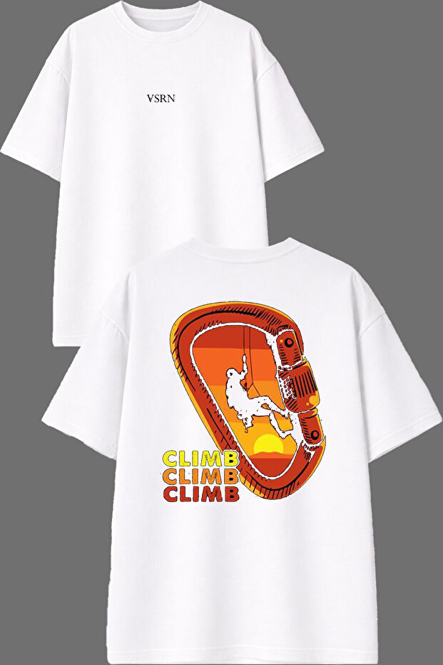 تي شيرت أبيض كبير الحجم بتصميم Climb Climb مطبوع من الأمام والخلف