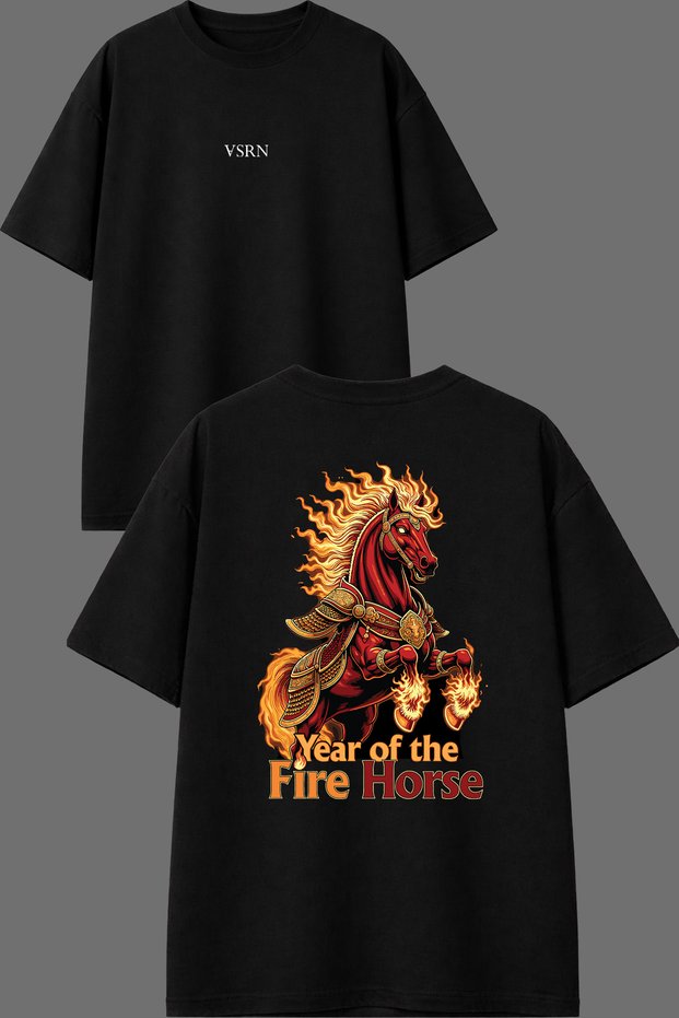 Fire Horse Design Front and Back Printed Black Oversize T-Shirt