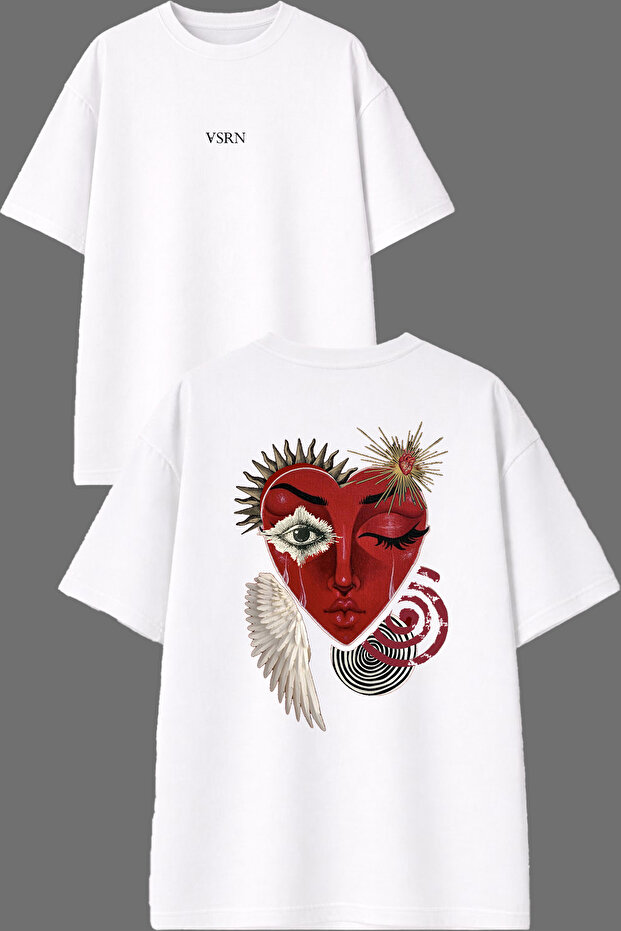 Heart Women's Design Front and Back Printed White Oversize T-Shirt