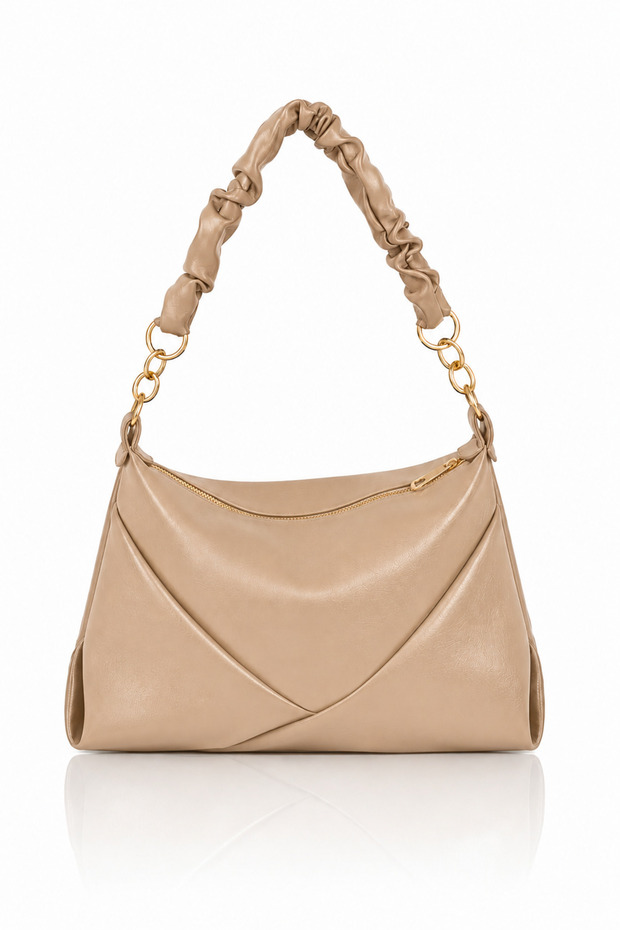 Women's Soft Vegan Leather Drawstring Shoulder Bag with Chain Detail