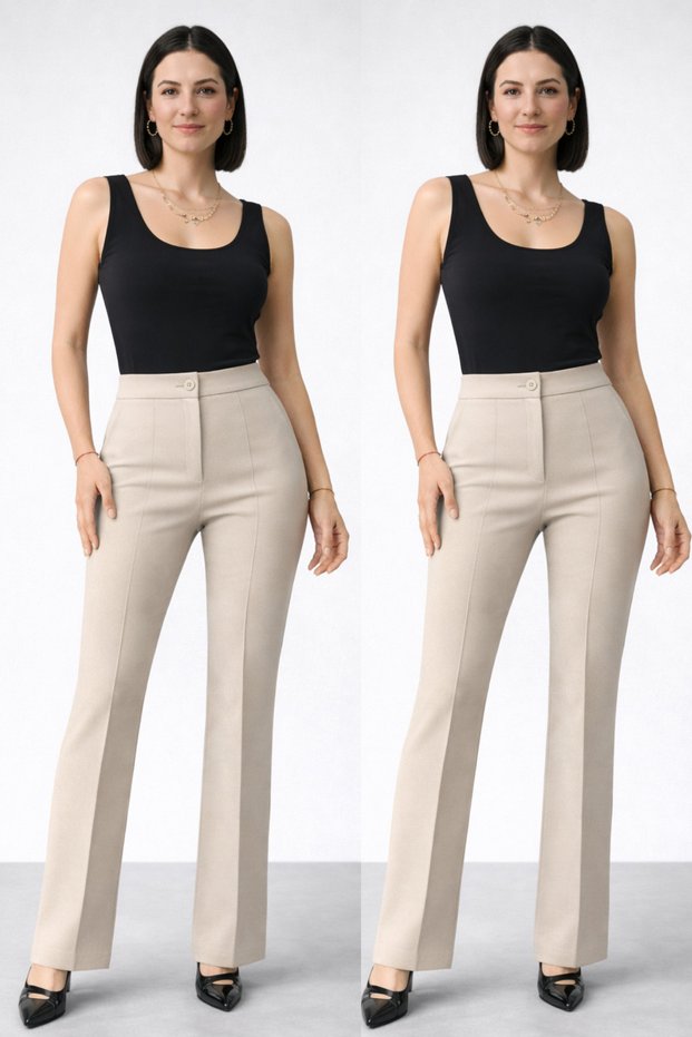 Women's High Waist Gathering Lycra Palazzo Trousers Stone Color Two-Piece Set