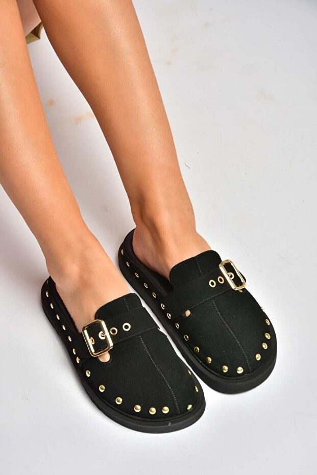 Y918143802 Black Suede Closed-Front Sabo Slippers with Staple Detail