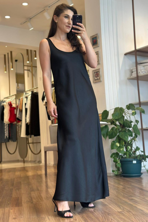 Black Thick Strap Long Satin Dress