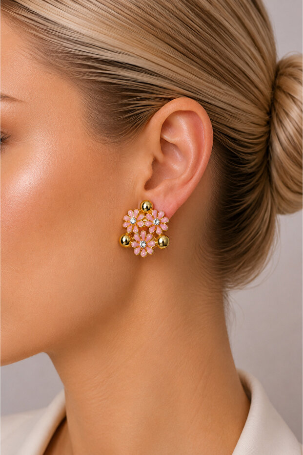 Amélie Pink Flower Design Yellow Steel Stud Earrings