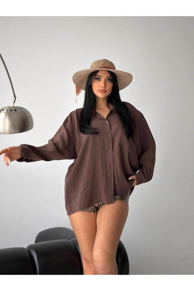 Premium Women's Oversized Flowy Linen Blend Shirt with Pocket Detail