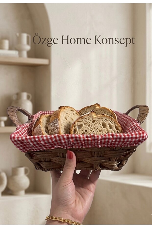 Wicker Bread Basket - Red Checkered Fabric Detailed - Decorative Presentation Basket