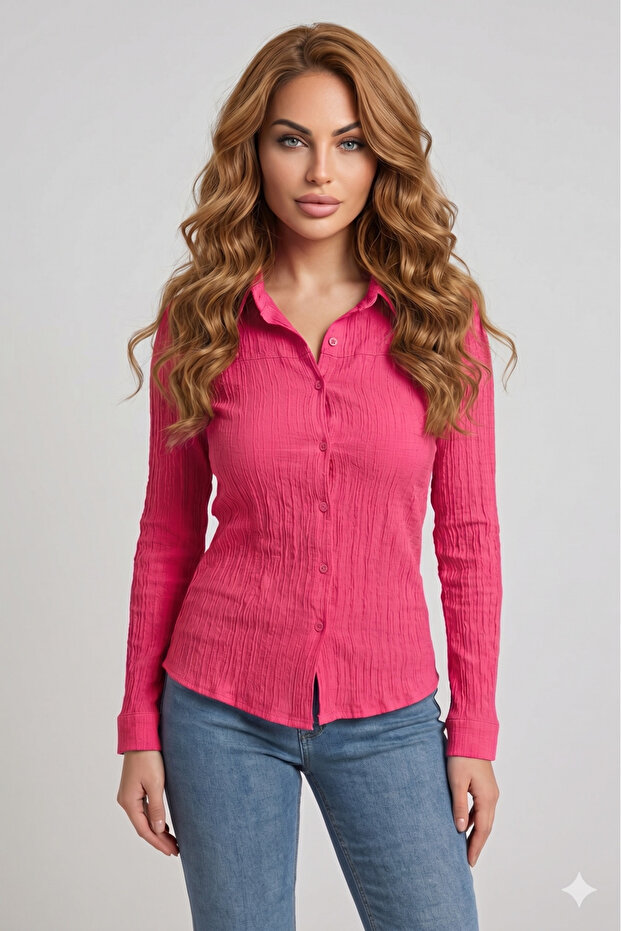 Women's Fuchsia Pink Long Sleeve, Fitted, Textured Thin Maya Crepe Fabric Basic Shirt 3552253