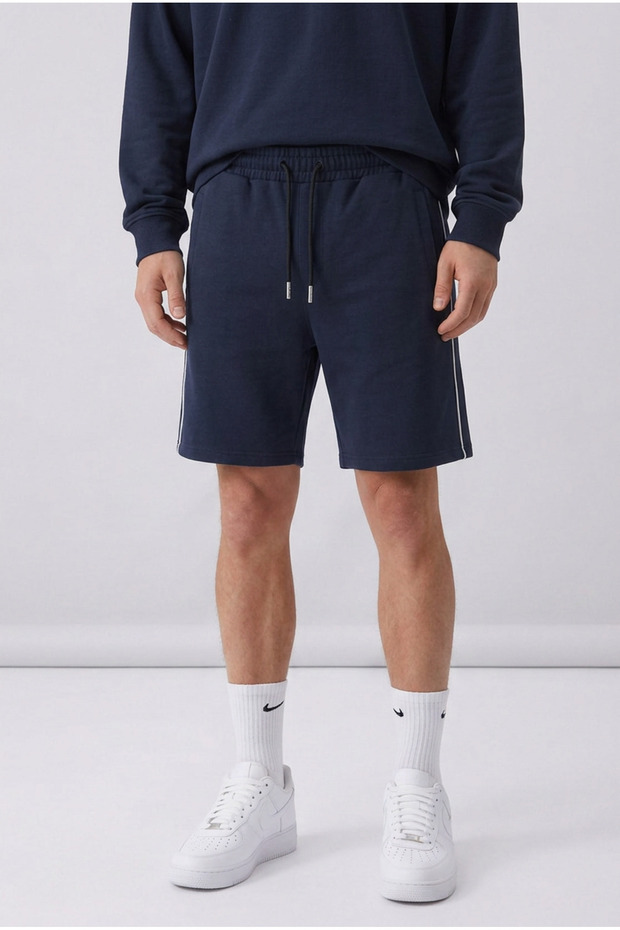 Men's Navy Blue Cotton Shorts with Side Piping, Front Pocket, Zipper and Back Pocket
