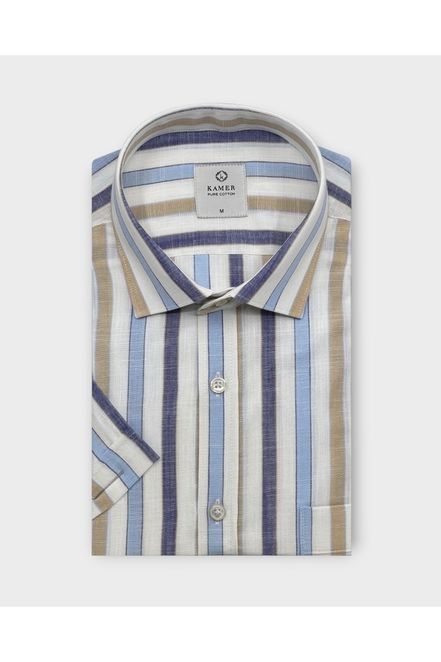 Men's Regular Fit Short Sleeve 100% Cotton Brit Collar Striped Multicolor Shirt 9560m