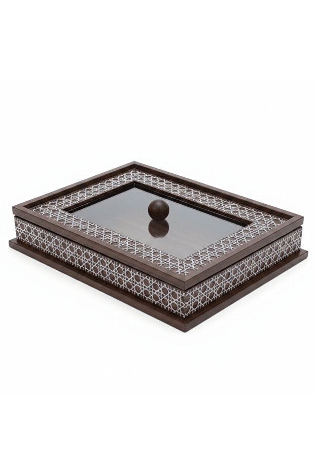Luxury Rectangle Wooden Candy Box with Acrylic Mirrored Lid | Islamic Geometric Pattern | 32×22 cm