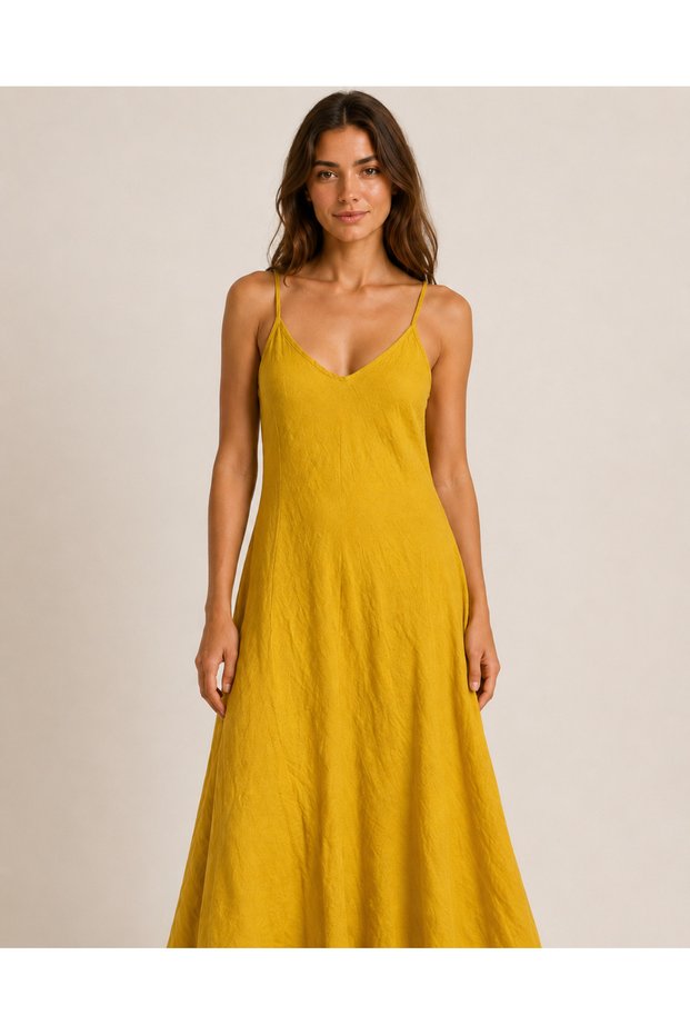 Mustard Yellow Color Thin Straps V-Neck Cut Italian Linen Dress