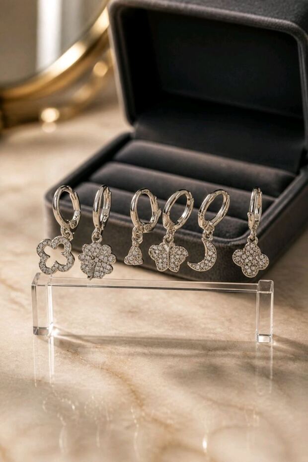 6 Piece Figured Silver Color Zircon Stone Earrings