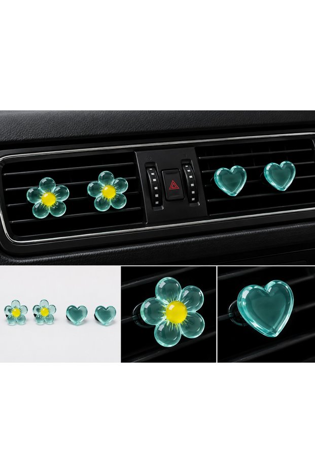 Turquoise Gel Flower and Heart Car Air Conditioning Grille Ornament Set – Transparent Resin Car Air Conditioning Ornament