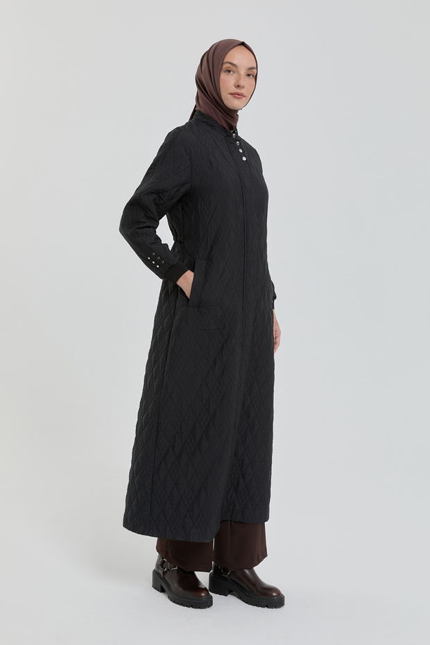 Plus Size Thin Quilted Overcoat - Black - 2