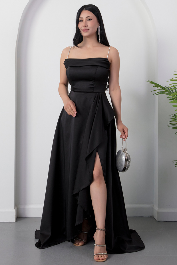 Strapless Neckline Rhinestone Straps Ruffle Satin Dress Drp582