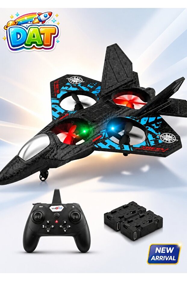RC Fighter Jet Drone with LED Lights & Dual Batteries – Remote Control Foam Stunt Plane Quadcopter for Kids & Beginners