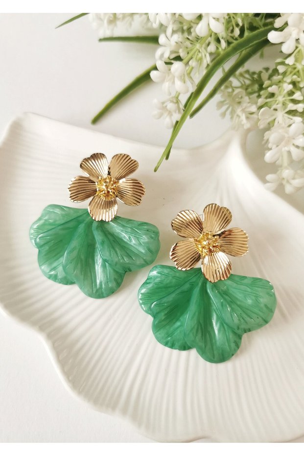 Green Soleil Flower Form Steel Dangle Earrings 5X5 cm