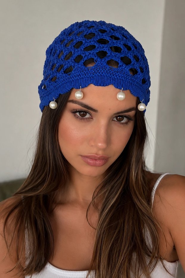 Navy Blue Color Pearl Detailed Knitted Hair Bandana