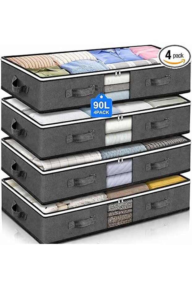 4-Pack Under Bed Storage Bags 90L, Foldable Closet Organizers for Blankets Clothing Grey