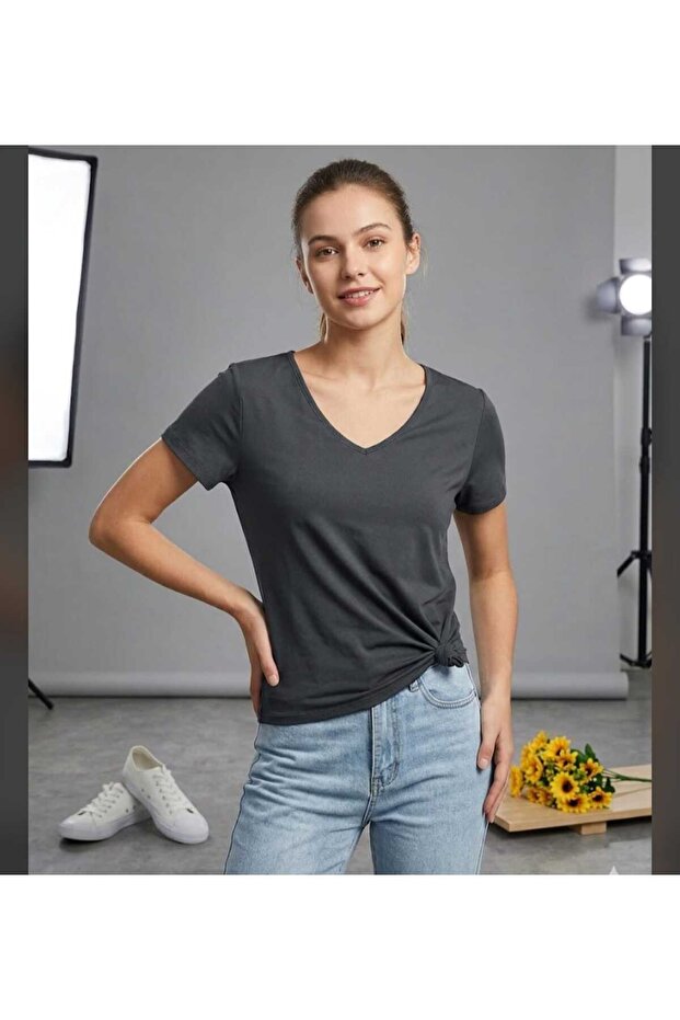 Women's V-Neck Basic Unprinted Comfortable Fit T-Shirt