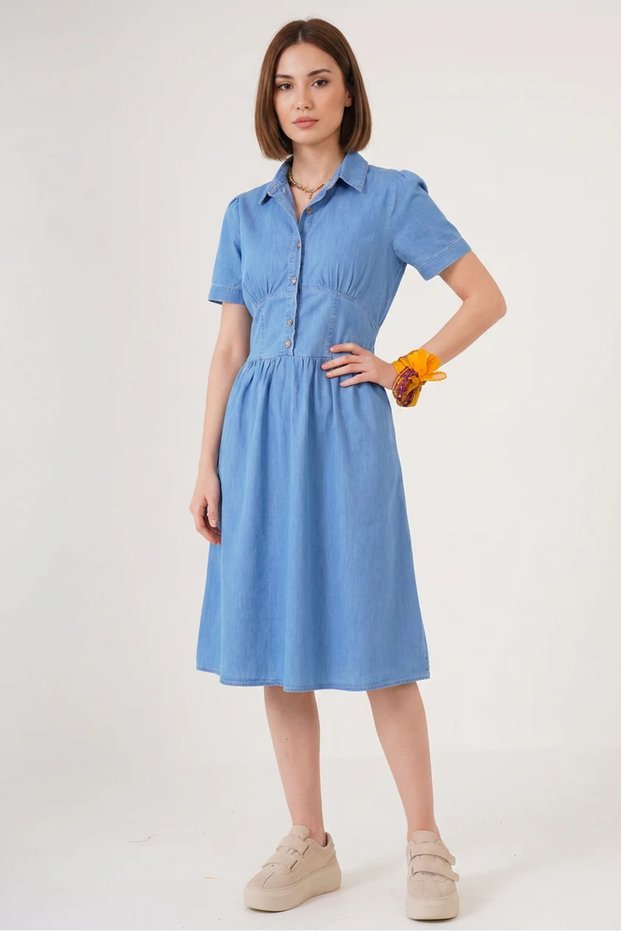 Women's Shirt Collar, Gathered Waist, Short Sleeve, Pocket Detail, Cotton Blue Dress
