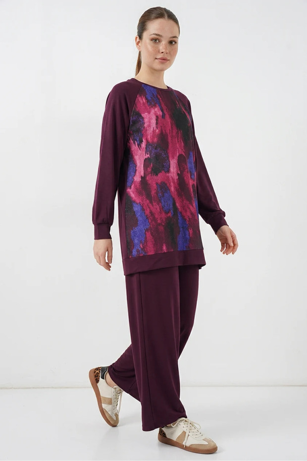 Women's Round Neck Oversize Patterned Viscose Purple Two-Piece Set