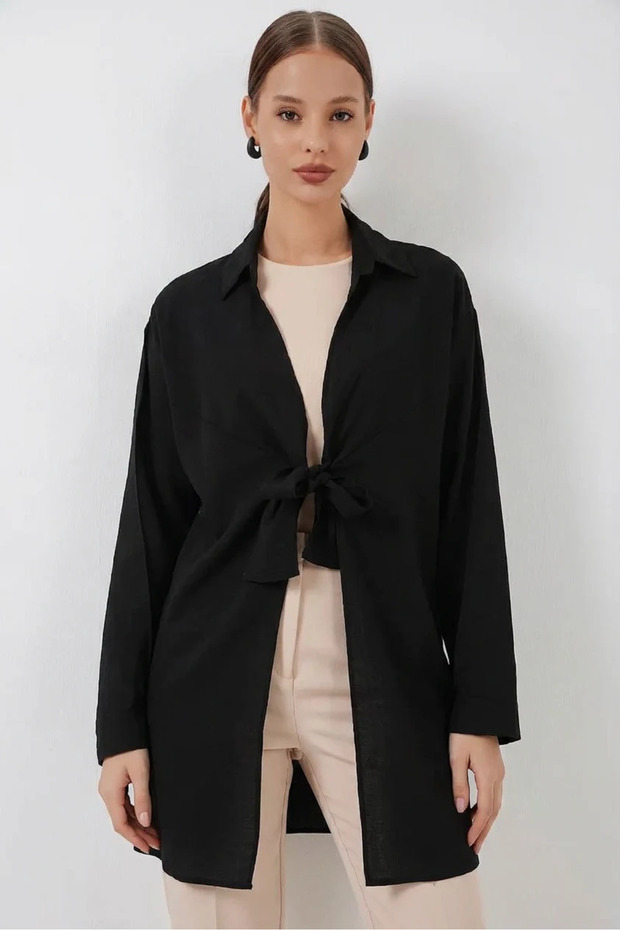 Women's Shirt Collar Lace-Up Viscose Black Kimono