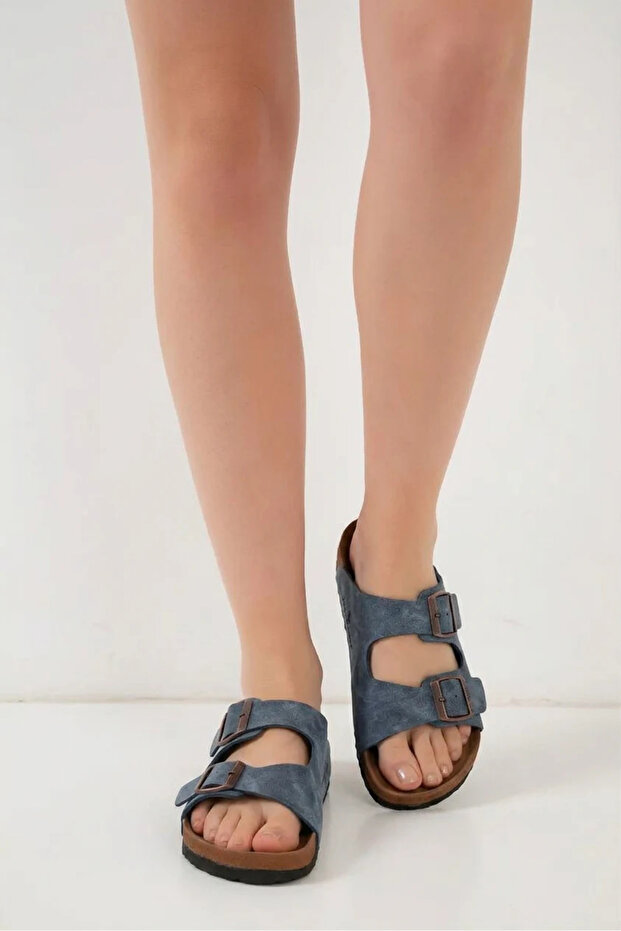 Women's Double Buckle Navy Blue Slippers