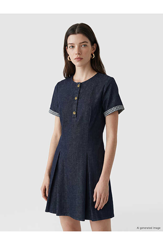 Nevavm Oval Collar Plaid Detailed Mini Jean Dress with a Difference