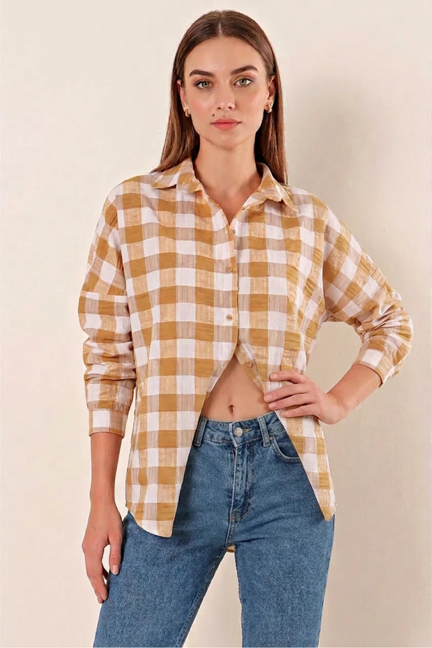 Women's Checkered Pattern Basic Oversize Cotton Mink Shirt