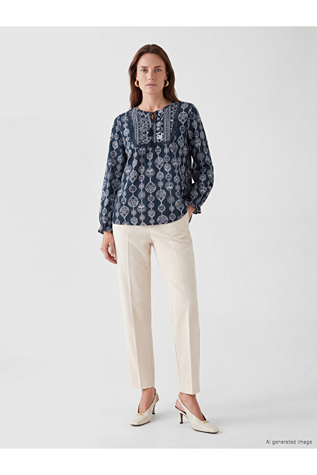 Navy Blue Tie Collar Patterned Blouse