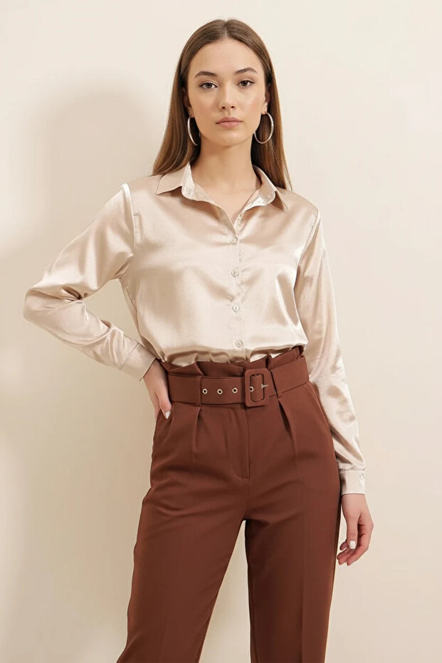 Women's Draped Satin Beige Shirt