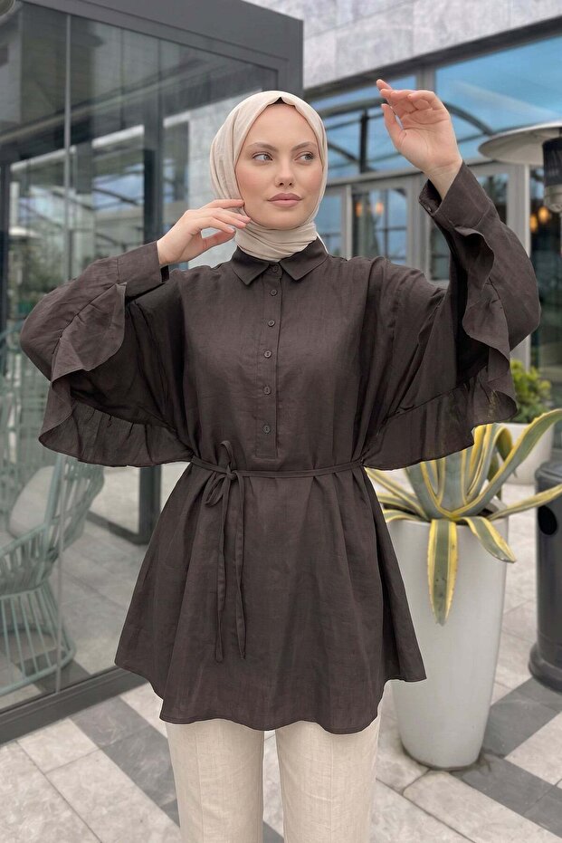 Volan Detailed Lace-Up Tunic Y0136 - Aci Brown