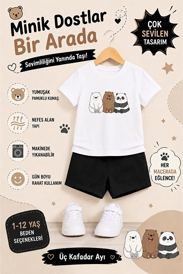 3 Kafadar Printed Children's Set – T-Shirt & Shorts 2-Piece Combination | Trendy Summer Set for Ages 1-12