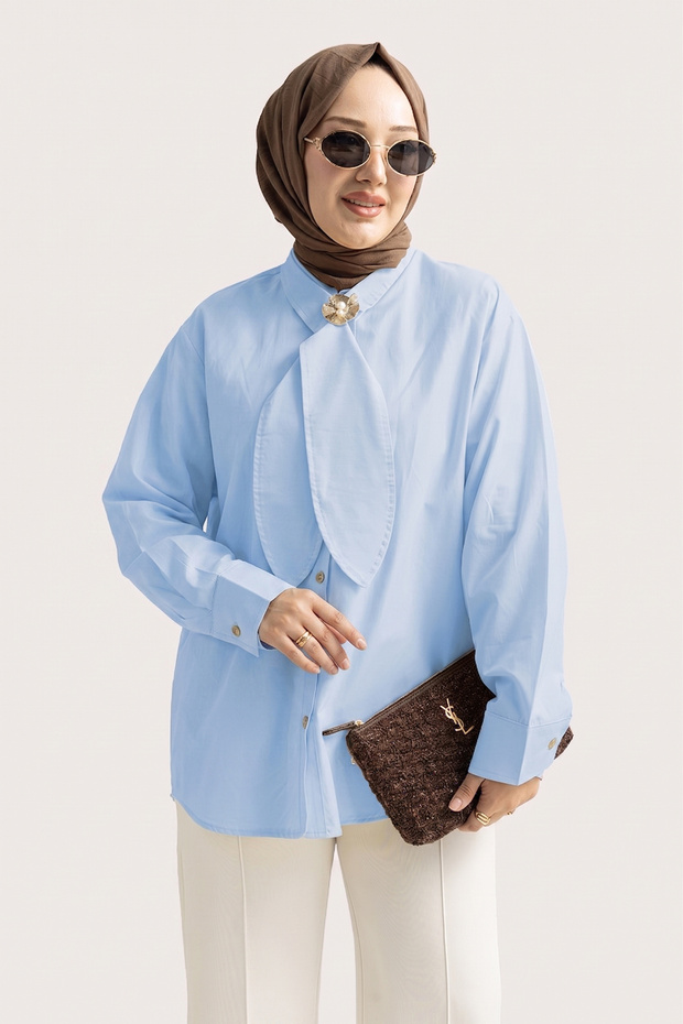 6408- Stylish Comfortable Tie-Detailed Woven Poplin Fabric Women's Shirt