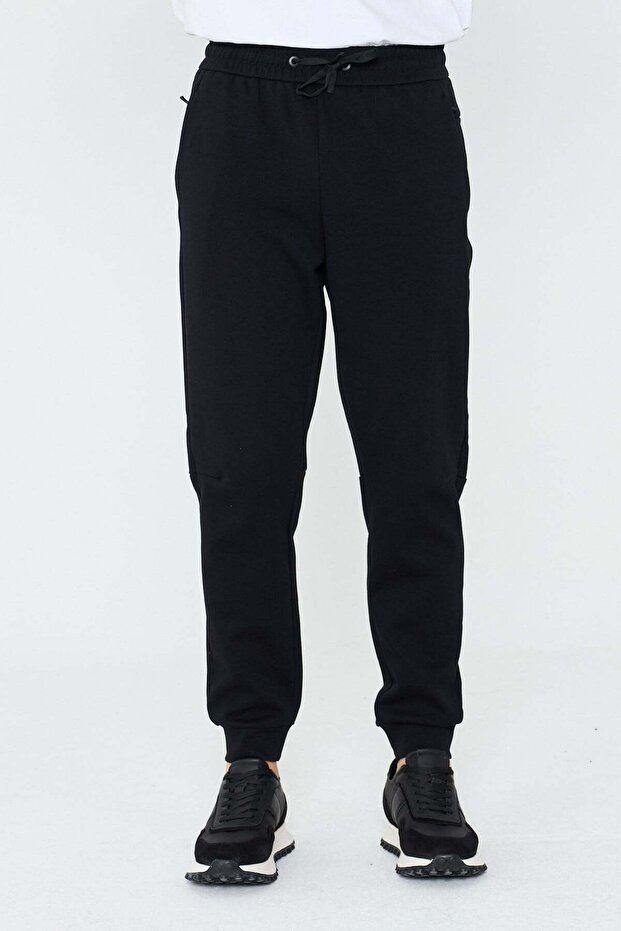 Black Waist-Tie Elastic Cuffed Men's Sweatpants with Zipper Pockets