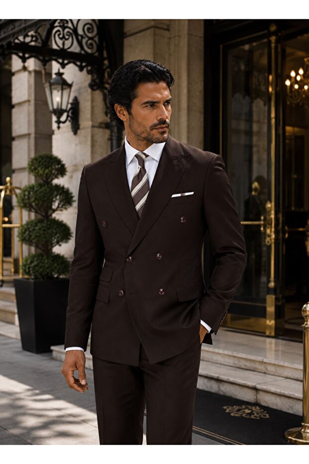 Luxury Men's Suit, Slim Fit, Double Breasted, Brown, Swallow Collar