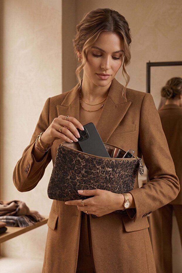 Leopar16 Inch Lined Zippered Silk Wool Blend Felt Handbag