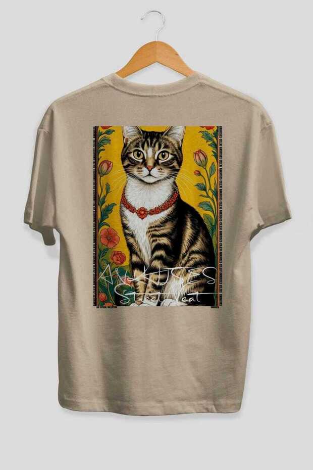 For the Love of Cats 106 Cat Printed Beige Oversize T-Shirt 100% Cotton Unisex Cat Lover Premium Design