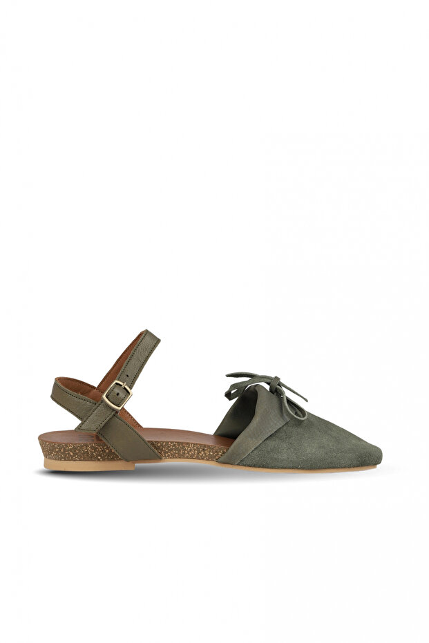 Khaki Suede-Leather Women's Flat Sandals