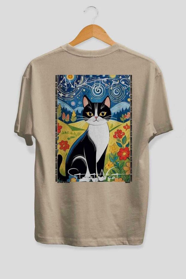 For the Love of Cats 78 Cat Printed Beige Oversize T-Shirt 100% Cotton Unisex Cat Lover Premium Design