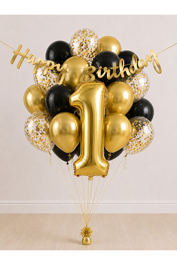 -1- Age Gold Happy Birthday Banner Themed Balloon Bundle 15 Pieces