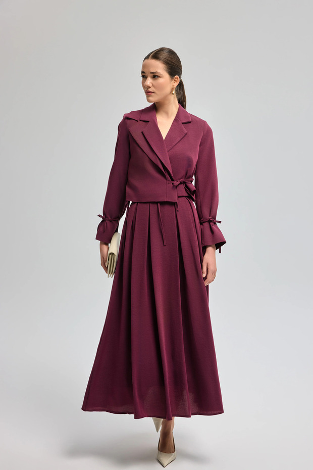 Collared Detailed Tie Skirt Set - 3