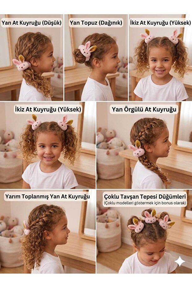 Rabbit Figured Braid and Ponytail Children's Hair Clip Set - Side Braided Design Fluffy Hair Accessory