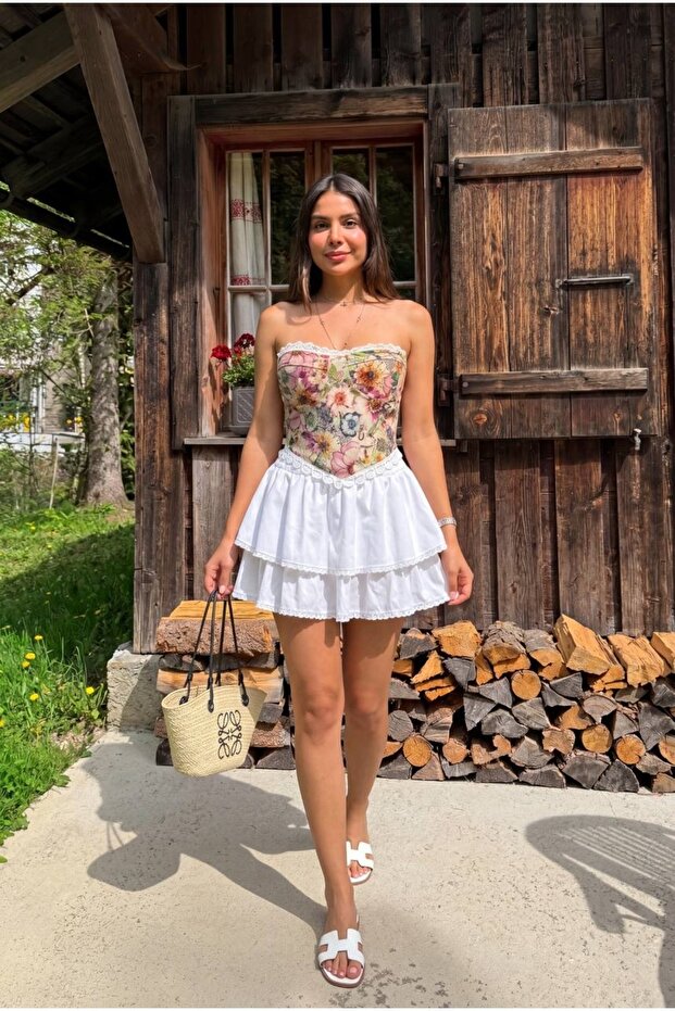 Floral Desing Strapless Corset Blouse with Flower Pattern