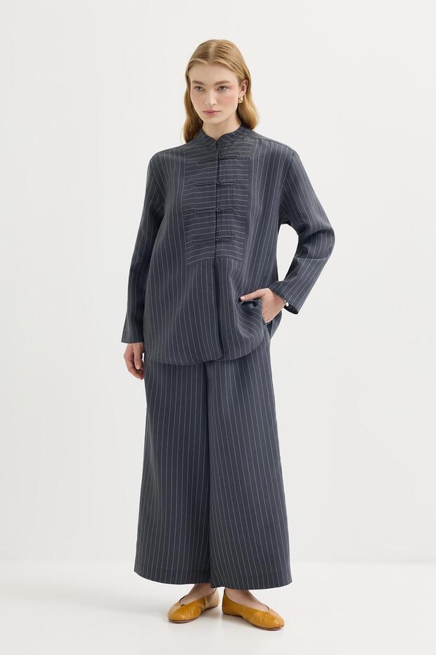 Striped Britli Tensel Shirt Pants Set Dark Navy Blue