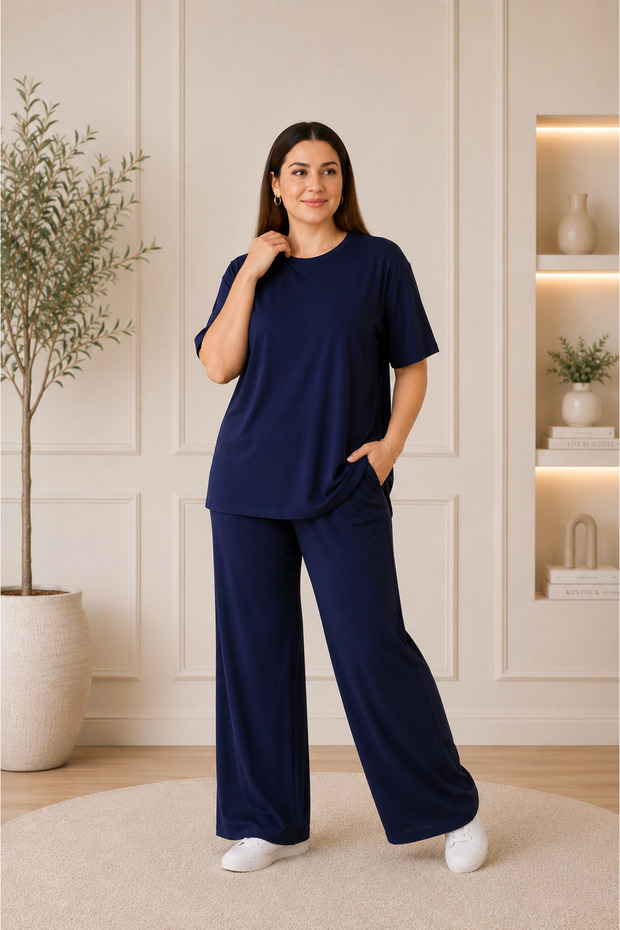 Women's Crew Neck Relaxed Fit Blouse Pants Two-Piece Set