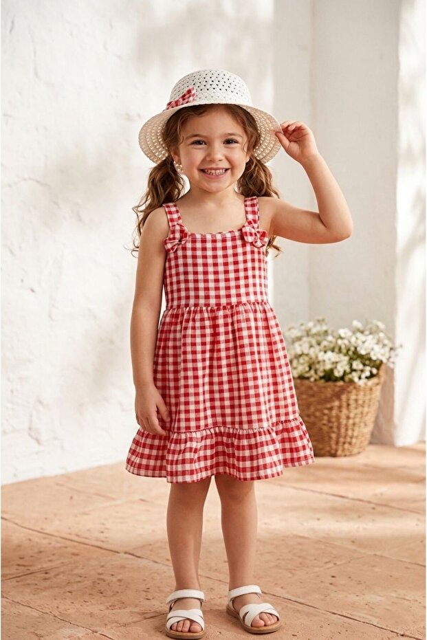 Girl's Red Gingham Summer Dress - Hat Set
