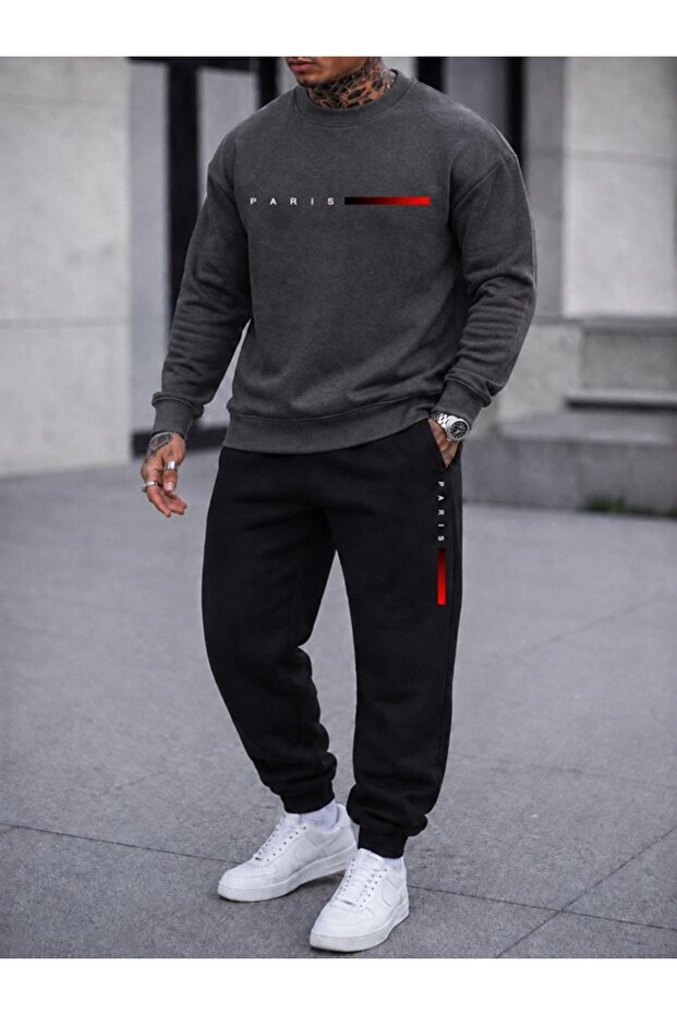 Unisex Wide Cut Zero Necklace Sweatpants Paris Red Striped Printed Suit